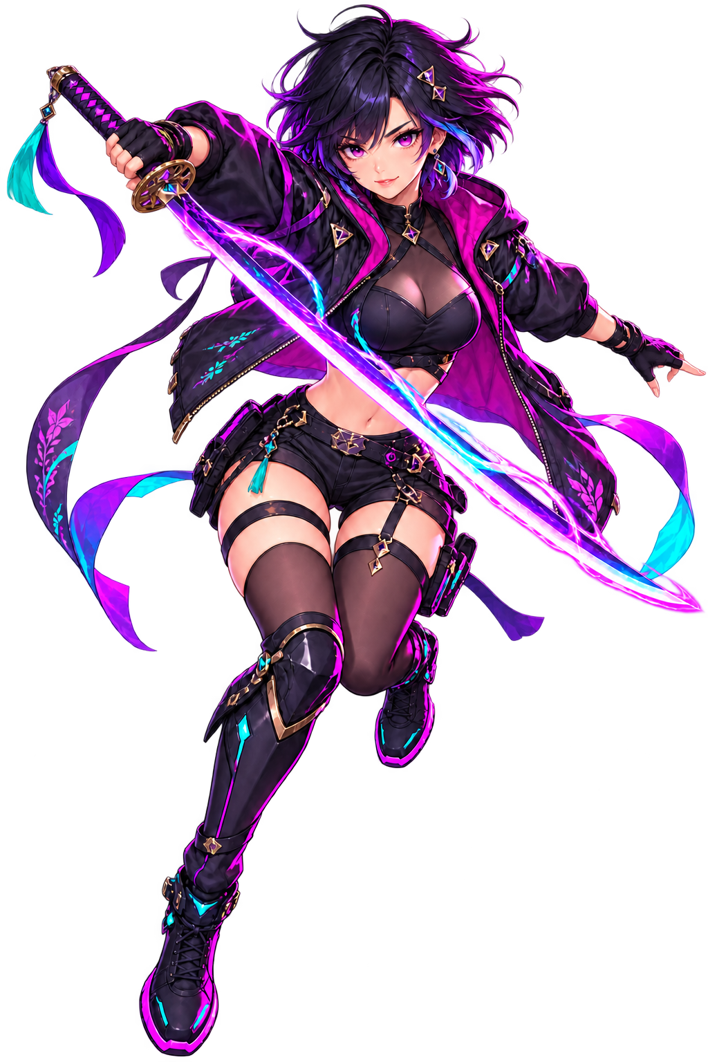 Original neon anime swordswoman artwork